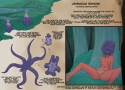 1girl barefoot brown_hair english_text face_hug legs monster original panties ryona sitting stuck topless_female underwear view_between_legs vore water waterfall white_panties