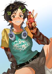 1girl amphibia belt headphones jocy3 marcy_wu piercing short_hair shorts smile tagme