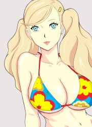 1girl absurdres aqua_eyes bikini blonde_hair blue_bikini breasts cleavage collarbone earrings floral_print floral_print_bikini grey_background hair_ornament hairclip highres jewelry large_breasts long_hair looking_at_viewer nahone_peko navel persona persona_5 pink_lips red_trim simple_background solo stomach stud_earrings swimsuit takamaki_anne twintails upper_body wavy_hair