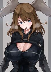 1girl absurdres blue_eyes bodysuit breast_tattoo breasts brown_hair cleavage cleavage_cutout clothing_cutout eunie_(xenoblade) head_wings highres large_breasts long_hair looking_at_viewer military_uniform simple_background solo steam sweat tattoo white_wings wings xenoblade_chronicles_(series) xenoblade_chronicles_3 yotsuha_uni