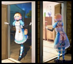 Rule 34 | 1girl, 1other, anal, anal hook, anal object insertion, apron, ass, back bow, back slit, bag, bdsm, bench, black footwear, blonde hair, blue dress, blue eyes, blunt bangs, blurry, blurry background, bondage, bound, bound arms, bound wrists, bow, breasts, candy, clog sandals, clogs, collar, collared dress, crotch rope, dildo, dildo under clothes, discreet vibrator, door, doorway, double penetration, dress, elbow carry, extra arms, fangs, female focus, food, frilled apron, frilled dress, frills, gloves, gradient hair, hair between eyes, hair ornament, hair ribbon, hairband, halloween, highres, holding, holding bag, indoors, jack-o&#039;-lantern, kearful, layered dress, long sleeves, masturbation, medium hair, multicolored hair, multiple views, object insertion, open clothes, open door, open dress, open mouth, original, outdoors, platform footwear, platform heels, pointy ears, public bondage, public indecency, public masturbation, public vibrator, puffy short sleeves, puffy sleeves, purple hair, pussy juice, pussy juice drip, pussy juice trail, revealing clothes, ribbon, rope, sex toy, shibari, short hair, short sleeves, sidelocks, small breasts, smile, striped clothes, striped thighhighs, thighhighs, thighs, tile floor, tiles, too many, too many sex toys, trick or treat, vaginal, vaginal object insertion, vibrator, vibrator cord, vibrator under clothes, waist apron, white apron, white bow, white gloves, wooden floor