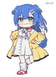 Rule 34 | &gt;:3, 1girl, :3, alternate eye color, alternate hair color, animal ears, arm up, artist name, blue hair, blush stickers, bone hair ornament, cartoon bone, chocolate cornet, collar, dog ears, dog girl, dog tail, dress, food, gloves, green eyes, hair ornament, hairclip, hand on own hip, highres, hololive, index finger raised, inugami korone, inugami korone (1st costume), jacket, kukie-nyan, long hair, looking at viewer, off shoulder, parody, red shoes, shoes, short dress, simple background, sleeveless, sleeveless dress, smile, socks, solo, sonic (series), standing, tail, virtual youtuber, white background, white dress, white gloves, white shoes, yellow jacket