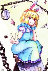 1girl alice_(alice_in_wonderland) alice_(alice_in_wonderland)_(cosplay) alice_in_wonderland animal_ears apron arcueid_brunestud blonde_hair card chain cookie cosplay floating_card food hand_on_own_face highres looking_at_viewer maid maid_apron rabbit_ears red_eyes squatting stopwatch tsukihime tsukihime_(remake) user_mfur2557 v watch wrist_cuffs