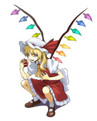 1girl ankle_socks apple ascot back_bow blonde_hair bow brown_shoes collared_shirt commentary_request crystal_wings dot_nose eating eyebrows_hidden_by_hair fang flandre_scarlet flat_chest food frilled_skirt frills fruit full_body hat hat_ribbon highres holding holding_food holding_fruit large_bow looking_at_viewer mary_janes medium_skirt mob_cap open_mouth partially_shaded_face puffy_short_sleeves puffy_sleeves red_eyes red_ribbon red_skirt red_vest ribbon shadow shiratama_(hockey) shirt shoes short_sleeves skirt skirt_set socks solo squatting touhou vampire vest white_background white_bow white_hat white_shirt white_socks yellow_ascot