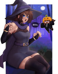 1girl a_hat_in_time black_gloves black_thighhighs blue_eyes blush breasts brown_hair cape chibi elbow_gloves fingerless_gloves gloves halloween hannesfkr hat hat_kid highres jack-o&#039;-lantern looking_at_viewer open_mouth ponytail purple_cape short_hair short_ponytail sitting small_breasts smile solo thick_thighs thighhighs thighs witch_hat