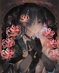 Rule 34 | 1boy, armor, bead band, black bodysuit, black bridal gauntlets, black cape, black hair, black nails, blood, blood from mouth, blue kimono, blue sleeves, blunt ends, bodysuit, border, bridal gauntlets, bright pupils, cape, covered collarbone, crying, crying with eyes open, eyelashes, eyeliner, eyeshadow, facing to the side, flower, genshin impact, grey trim, han&#039;eri, hands on own neck, highres, ichigoh, japanese armor, japanese clothes, kimono, kote, kurokote, layered kimono, layered sleeves, makeup, male focus, mandarin collar, middle ring, open clothes, open kimono, ornate border, parted lips, purple eyes, red eyeliner, red eyeshadow, red flower, scaramouche (genshin impact), short sleeves, shoulder peek, solo, spider lily, tears, upper body, wanderer (genshin impact), white kimono, white mouth, white pupils, white sleeves