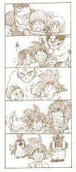 1girl 6+boys ;d black_eyes black_hair chaozu closed_eyes dougi dragon_ball dragon_ball_(object) eye_contact father_and_son fist_bump happy_tears hug kami-sama_(dragon_ball) karin_(dragon_ball) looking_at_another mister_popo monochrome multiple_boys one_eye_closed open_mouth own_hands_together ruyi_jingu_bang short_hair simple_background smile son_goku spiked_hair sweatdrop tears tenshinhan tkgsize upa_(dragon_ball) white_background winter_clothes wristband yajirobe