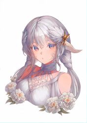 1girl absurdres au_ra bare_shoulders blue_eyes braid breasts clothing_cutout coconutcatcat cropped_shoulders dragon_girl dragon_horns dress feather_hair_ornament feathers final_fantasy final_fantasy_xiv grey_hair hair_ornament highres horns looking_at_viewer multicolored_eyes orange_eyes portrait shoulder_cutout solo twin_braids two-tone_eyes warrior_of_light_(ff14) white_background white_dress