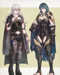 2girls alternate_costume armor armored_gloves barefoot black_cape black_gloves black_hairband black_pantyhose black_sleeves blue_eyes blue_hair breasts cape cleavage closed_mouth clothing_cutout commentary_request cosplay costume_switch detached_sleeves female_byleth_(fire_emblem) female_byleth_(fire_emblem)_(cosplay) female_corrin_(fire_emblem) female_corrin_(fire_emblem)_(cosplay) female_corrin_(nohr_noble)_(fire_emblem) fire_emblem fire_emblem:_three_houses fire_emblem_fates full_body gloves hairband highres large_breasts long_hair multiple_girls navel_cutout nintendo pantyhose pointy_ears red_eyes shoulder_armor smile standing toes tohka_sd