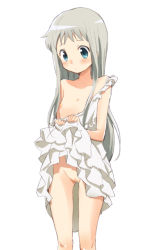 10s 1girl ano_hi_mita_hana_no_namae_wo_bokutachi_wa_mada_shiranai. aqua_eyes bad_id bad_pixiv_id bare_shoulders blue_eyes blush clothes_lift dress female_focus flat_chest honma_meiko ica loli long_hair no_panties off_shoulder silver_hair simple_background skirt skirt_lift solo uncensored