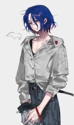 1boy absurdres belt blue_hair blue_pants colored_inner_hair doodle_inset gloves grey_background gundam gundam_gquuuuuux highres krymrin lower_eyelashes_only male_focus multicolored_hair pants purple_hair red_eyes red_gundam red_hair shirt short_hair shuji_ito simple_background single_glove solo two-tone_hair white_background white_shirt