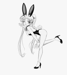 1girl absurdres animal_ears bishoujo_senshi_sailor_moon breasts fake_animal_ears greyscale high_heels highres leotard long_hair looking_at_viewer medium_breasts momoiro_(momoiro_tosagare) monochrome playboy_bunny rabbit_ears rabbit_tail sailor_moon smile solo tail tsukino_usagi twintails wrist_cuffs