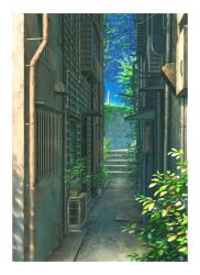 alley blue_sky building cola_(gotouryouta) commentary_request condenser_unit day industrial_pipe no_humans original outdoors plant potted_plant power_lines scenery sky stairs utility_pole