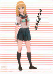 1girl absurdres bikini black_shoes black_socks blonde_hair blue_skirt breasts cleavage closed_mouth collarbone dot_nose female_focus full_body green_bikini green_eyes highres japanese_text kyou_no_asuka_show kyouno_asuka legs long_hair looking_at_viewer midriff miniskirt navel official_art pleated_skirt school_uniform see-through_clothes see-through_shirt see-through_skirt serafuku shirt shoes short_sleeves skirt small_breasts smile socks solo solo_focus stomach swimsuit thighs white_serafuku
