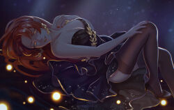 1girl absurdres black_dress black_thighhighs breasts cleavage dress earrings high_heels highres honkai_(series) honkai_impact_3rd jewelry large_breasts lipstick long_hair looking_at_viewer lying makeup marina_mag murata_himeko nail_polish on_back red_hair red_lips red_nails solo thighhighs yellow_eyes