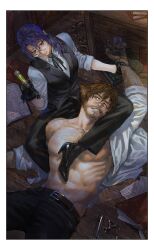 Rule 34 | 12v, 1boy, 1girl, beard, brown eyes, brown hair, commission, facial hair, glasses, highres, holding, holding syringe, looking at another, monster boy, on floor, open clothes, open shirt, original, purple eyes, purple hair, restrained, skeb commission, slit pupils, syringe, vest
