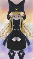 1girl absurdres animal_hat bad_id bad_twitter_id black_dress black_hat blonde_hair blue_eyes blush_stickers cat_hat closed_mouth dress feet_out_of_frame funamusea fur-trimmed_dress fur_trim hair_between_eyes hat highres iesonatana inactive_account long_hair long_sidelocks long_sleeves looking_at_viewer mogeko_castle mogekov sidelocks solo standing straight-on variant_set very_long_hair