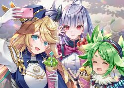 3girls ahoge aqua_eyes artist_name blonde_hair bow bowtie braid braided_bangs capelet cellphone churin_(duel_masters) closed_eyes crepe duel_masters duel_masters_play&#039;s elena_(duel_masters) food fur-trimmed_capelet fur-trimmed_shirt fur_trim gloves green_hair grey_hair hat holding holding_crepe holding_food holding_phone long_hair luca_(duel_masters) multiple_girls natsume_koji one_side_up open_mouth outdoors phone red_eyes red_nails selfie shirt sidelocks smartphone smile upper_body white_gloves white_shirt