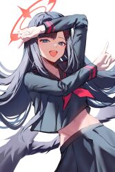 Rule 34 | 1girl, absurdres, black hair, black sailor collar, black shirt, black skirt, black wings, bloom muchi, blue archive, blue eyes, blunt bangs, feathered wings, hair ornament, hairclip, highres, ichika (blue archive), long hair, looking at viewer, navel, open mouth, red ribbon, ribbon, sailor collar, shirt, sidelocks, skirt, teeth, upper teeth only, wings