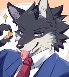 1boy ace_attorney animal_ears badge blue_coat claws closed_mouth coat commentary english_commentary fang fang_out furrification furry furry_male highres holding_badge koge_(natsub_bkoge) lawyer looking_at_viewer male_focus necktie pawpads phoenix_wright red_necktie shirt smile sparkle tongue tongue_out upper_body white_shirt wolf_boy wolf_ears