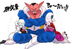 1boy 2girls belt black_facial_hair black_hair black_shoes blue_pants blue_skin boots breasts bridal_gauntlets brother_and_sister cape choker closed_eyes colored_skin commentary_request crossed_arms d_norainu_b dabura demon_boy demon_girl dr._arinsu dragon_ball dragon_ball_daima dragon_ball_heroes dragonball_z dress earrings facial_hair fangs floating_hair gem gold_choker hands_clasped_in_delight highres horns in-franchise_crossover indian_style jewelry lab_coat large_ears long_hair motion_lines multiple_girls muscular muscular_male official_alternate_costume open_mouth pants pink_bridal_gauntlets pink_dress pink_horns pink_skin pointy_ears potara_earrings purple_gemstone red_cape shoes short_hair siblings sitting size_difference smile sparkle sweatdrop towa_(dragon_ball) trait_connection translation_request twitter_username very_short_hair white_background white_belt white_boots white_cape white_hair white_shoes widow&#039;s_peak yellow_gemstone