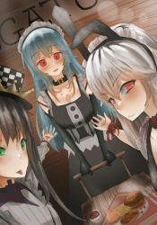 3girls animal_ears artist_request black_hair blue_hair breasts checkered_clothes collar crown emma_white enri_louvre food green_eyes large_breasts long_hair looking_at_viewer maid maid_headdress multiple_girls naraku naraku_2 neun_02 rabbit_ears red_eyes ribbon tongue tongue_out white_hair