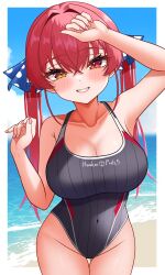 1girl absurdres arm_up beach black_one-piece_swimsuit blue_sky blush border breasts cleavage cloud day grin heterochromia highres hololive houshou_marine large_breasts looking_at_viewer one-piece_swimsuit outdoors red_eyes red_hair sky smile solo swimsuit virtual_youtuber white_border yellow_eyes zakitaku8311
