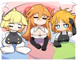 Rule 34 | 3girls, akane (cookie), bed, black eyes, black gloves, black vest, blonde hair, blue eyes, blush, blush stickers, breasts, bright pupils, buttercup redraw challenge (meme), cleavage, cleavage cutout, closed eyes, closed mouth, clothing cutout, commentary request, cookie (touhou), elbow gloves, frown, gloves, kirisame marisa, large breasts, lets0020, long hair, long sleeves, looking at viewer, meguru (cookie), meme, messy hair, multiple girls, powerpuff girls, puffy short sleeves, puffy sleeves, shirt, short sleeves, sleeves past fingers, sleeves past wrists, smile, touhou, vest, white pupils, white shirt, yuuhi (cookie)