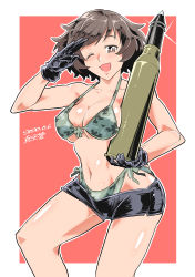 1girl absurdres akiyama_yukari ammunition bikini black_gloves border breasts brown_eyes brown_hair camouflage camouflage_bikini cannon_cartridge cleavage cowboy_shot dated female_focus girls_und_panzer gloves highres holding holding_shell large_breasts messy_hair navel pink_background salute shell shell_(projectile) shinkuukan_(tetsuo3) short_hair short_shorts shorts signature solo swimsuit tank_shell white_border