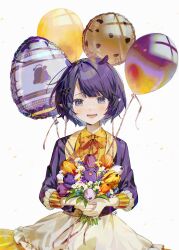 1girl absurdres alternate_costume ani_019 balloon blue_eyes bouquet cookie_print fang flower food_print highres holding holding_bouquet hololive hololive_english jacket looking_at_viewer ninomae_ina&#039;nis open_mouth orange_ribbon pointy_ears purple_hair purple_jacket ribbon shirt short_hair simple_background skirt takodachi_(ninomae_ina&#039;nis) virtual_youtuber white_background white_skirt yellow_shirt