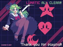 1girl alternate_costume artist_name black_bow black_dress black_shoes bow cleaver comet_summoner98 crescent_moon dress english_text glint green_eyes green_hair heart long_sleeves medium_hair mima_(touhou) moon pointy_ears red_bow sailor shoes smile solo star_(symbol) touhou touhou_(pc-98)