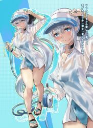 Rule 34 | 1girl, absurdres, black bow, blue eyes, blue one-piece swimsuit, blush, bow, braid, breasts, choker, fate/grand order, fate (series), full body, grey hair, hair bow, half up braid, highres, hose, klash, large breasts, long hair, long sleeves, looking at viewer, morgan le fay (fate), one-piece swimsuit, ponytail, sandals, sidelocks, swimsuit, translation request, visor cap, zoom layer