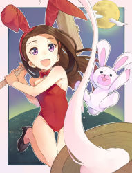 1girl :d animal_ears bare_legs blush brown_hair detached_collar fake_animal_ears female_focus food forehead full_moon hammer high_heels holding idolmaster idolmaster_(classic) kine leotard long_hair mallet minase_iori mochi mochitsuki moon open_mouth playboy_bunny purple_eyes rabbit rabbit_ears red_leotard shoes smile solo t-okada wagashi