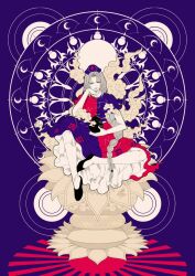 1girl black_shoes blue_background braid commentary constellation constellation_print crescent_moon cross dress flower full_body grey_hair half_lotus_position hand_on_own_chin hat highres holding long_hair lotus_pedestal medicine_bottle moon multicolored_dress nurse_cap on_flower red_cross shoes signature solo sunburst touhou trigram xiangyun yagokoro_eirin yamada_satoshi