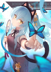 1girl animal_ear_hairband animal_ears ao_no_kiseki blonde_hair blue_butterfly blue_eyes breasts bug butterfly butterfly_on_hand cat_ear_hairband cat_ears china_dress chinese_clothes double-parted_bangs dress eiyuu_densetsu fake_animal_ears floating_hair hair_between_eyes hair_ornament hairband hand_fan highres holding holding_fan insect long_hair looking_at_viewer mishy paper_fan print_paper_fan sidelocks small_breasts solo tio_plato twintails willfin zero_no_kiseki