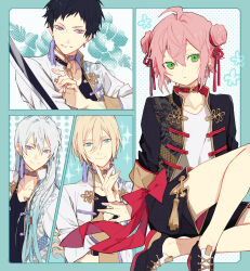 Rule 34 | 4boys, ahoge, black hair, black shoes, blonde hair, blue eyes, blue hair, bow, braid, chinese clothes, commentary, double bun, earrings, ensemble stars!, fine (ensemble stars!), finger to own chin, fushimi yuzuru, green eyes, hair between eyes, hair bun, highres, himemiya tori, himemiya tori (togenkyo), index finger raised, jacket, jewelry, long hair, long sleeves, looking at viewer, multiple boys, official alternate costume, open clothes, open jacket, pink hair, purple eyes, red bow, shoes, short hair, single braid, single earring, sitting, sword, symbol-only commentary, tassel, tassel earrings, tenshouin eichi, wataru hibiki, weapon, zangyaacco