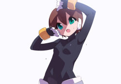 Rule 34 | aile (mega man zx), black bodysuit, blonde hair, bodysuit, breasts, brown hair, cowboy shot, green eyes, kaidou zx, mega man (series), mega man zx, no shirt, robot ears, short hair, shorts, simple background, skin tight, small breasts, solo, sweat, white background, white shorts