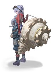 1girl bamppang_(gzzk2537) blue_eyes blue_hair blue_overalls boots bridal_gauntlets denim full_body gears goggles goggles_on_head highres long_hair long_sleeves mechanic original overalls ponytail pouch red_shirt shirt simple_background standing thigh_pouch white_background wrench