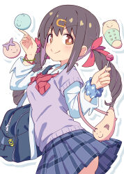 Rule 34 | 1girl, absurdres, bag, blue scrunchie, blue skirt, blush, bow, bowtie, brown eyes, brown hair, candy, closed mouth, collared shirt, commentary request, cowboy shot, drop shadow, food, hair ornament, hairclip, highres, holding, holding candy, holding food, holding lollipop, lollipop, long hair, long sleeves, looking at viewer, low twintails, multicolored hair, no panties, onii-chan wa oshimai!, outline, oyama mihari, pink hair, plaid clothes, plaid skirt, pleated skirt, polka dot, polka dot scrunchie, purple sweater vest, red bow, red bowtie, school bag, school uniform, scrunchie, shiina excel, shirt, shoulder bag, simple background, skirt, smile, solo, striped bow, striped bowtie, striped clothes, sweater vest, twintails, two-tone hair, white background, white outline, white shirt, wrist scrunchie