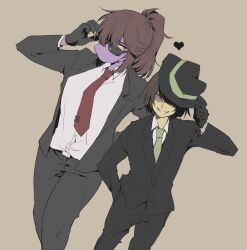 1girl 1other alternate_costume black_gloves black_hat black_jacket black_pants black_suit brown_hair colored_skin cowboy_shot deltarune fedora formal_clothes furry furry_female gloves green_necktie grin hand_in_pocket hand_on_headwear hat heart highres jacket komugiko_(bitte_komu) kris_(deltarune) looking_at_viewer necktie one_eye_covered open_mouth pants ponytail purple_skin red_eyes red_necktie shirt short_hair smile standing suit sunglasses susie_(deltarune) white_shirt yellow_background