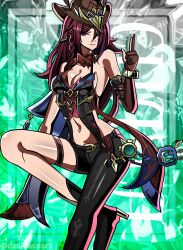 1girl absurdres asymmetrical_legwear blue_eyes chasca_(genshin_impact) deskfaceart genshin_impact gloves hat high_heels highres index_finger_raised jewelry latex latex_legwear navel pointy_ears red_hair