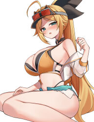 1girl absurdres ahoge animal_ear_headwear aqua_eyes aviator_sunglasses bare_shoulders bikini black_survival blonde_hair blush breasts cleavage commentary_request cropped_jacket denim denim_shorts eternal_return:_black_survival eyewear_on_headwear fake_animal_ears grey_shorts highres jacket korean_commentary large_breasts long_hair looking_at_viewer micro_shorts navel nicky_blake open_clothes open_jacket open_mouth orange_bikini ponytail puffy_short_sleeves puffy_sleeves red-tinted_eyewear see-through_clothes see-through_sleeves semi-rimless_eyewear short_sleeves shorts simple_background sitting solo sunglasses swimsuit thighs tinted_eyewear visor_cap white_background white_jacket ziro_(zirorong)