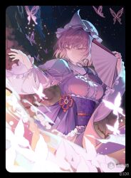 Rule 34 | 1girl, 3d-kun, black border, black ribbon, blue hat, blue kimono, border, breasts, bug, butterfly, closed mouth, cowboy shot, floral print, folding fan, frilled kimono, frills, hand fan, hat, highres, holding, holding fan, insect, japanese clothes, kimono, large breasts, long sleeves, mob cap, neck ribbon, obi, obijime, outstretched arm, pink hair, purple eyes, purple sash, ribbon, saigyouji yuyuko, sash, short hair, solo, touhou, triangular headpiece, wide sleeves