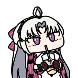 Rule 34 | 1girl, ahoge, aqua eyes, black gloves, bow, carlotta (wuthering waves), chibi, chibi only, commentary, cup, disposable cup, dress, drinking straw, drinking straw in mouth, english commentary, gloves, hair bow, holding, holding cup, jacket, looking afar, looking ahead, lowres, multicolored eyes, official art, parted bangs, pink bow, pink eyes, pink jacket, second-party source, seseren, simple background, solo, two-tone eyes, upper body, white background, white dress, wuthering waves