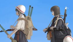 2girls absurdres ak-74 aks-74 assault_rifle attamaf866 backpack bag black_bag black_hair black_sailor_collar black_skirt blue_sky clear_sky combat_helmet from_side gun helmet highres kalashnikov_rifle long_sleeves multiple_girls open_mouth original outdoors parted_lips ponytail profile rifle rocket_launcher rpg_(weapon) sailor_collar school_uniform serafuku short_sleeves skirt sky strap unworn_headwear unworn_helmet weapon white_helmet