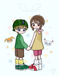 Rule 34 | 1boy, 1girl, blonde hair, blush, brown hair, digimon, digimon (creature), hat, holding hands, looking at viewer, patamon, polun, smile, tailmon