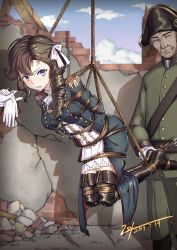 1boy 1girl absurdres arms_behind_back bdsm bicorne black_thighhighs blue_eyes blue_sky bondage boots bound bow brown_hair closed_eyes crack dated day drill_hair epaulettes gloves hair_bow hat high_heel_boots high_heels highres long_hair military military_uniform outdoors pauline_bonaparte restrained rubble banner_of_the_maid shadow sky standing thigh_boots thighhighs wall white_bow white_gloves white_neckwear zsy_(zsy433)