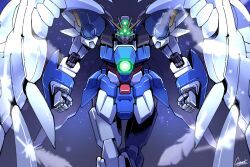 Rule 34 | absurdres, arms at sides, artist name, clenched hands, commentary, cosmo-5, crossed legs, falling feathers, feathers, feet out of frame, glowing, glowing eyes, green eyes, gundam, gundam wing, gundam wing: endless waltz, highres, looking at viewer, mecha, mecha focus, mechanical wings, mobile suit, no humans, robot, science fiction, signature, solo, v-fin, wing gundam zero custom, wings