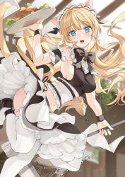 1girl :o animal_ears arm_garter armpits bird black_footwear black_shirt black_skirt blonde_hair blue_eyes blush bracelet breasts broom cat_ears cat_girl cat_tail ceiling_fan chicken cleavage dot_nose food foot_out_of_frame fruit hair_spread_out holding holding_broom holding_tray hu_kotora impossible_clothes impossible_shirt jewelry lemon lemon_slice long_hair maid maid_headdress medium_breasts midriff navel open_mouth original petticoat raised_eyebrows salad shirt sideboob sidelocks skindentation skirt sleeveless sleeveless_shirt slipping solo tail teeth thighhighs tray upper_teeth_only water water_drop white_thighhighs