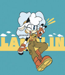 1girl animal_ears artist_name bell breasts commentary cowbell english_commentary horns joshikoy lanolin_the_sheep sheep_ears sheep_girl sheep_horns sheep_tail solo sonic_(series) sonic_the_hedgehog_(idw) tail v watermark